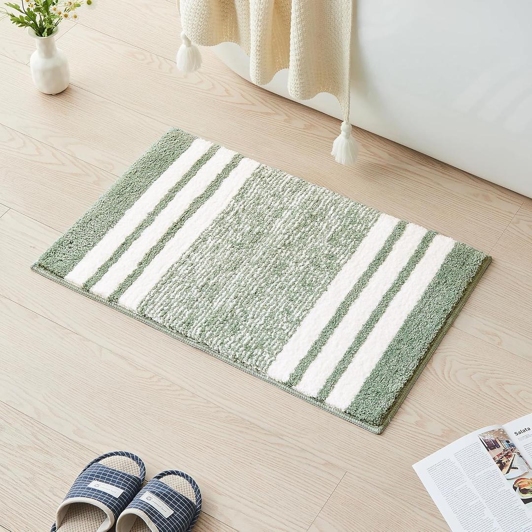 CozeCube Sage Green Striped Bath mats for Bathroom Non Slip, Fluffy Absorbent Microfiber Bath mat Washable, Aesthetic Bathroom Rugs, Cute Bath mat for Sink, 24" x 16"