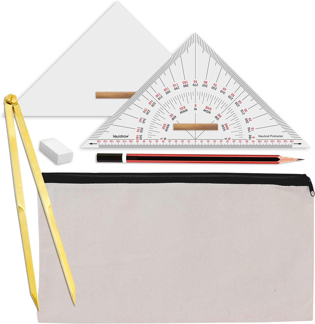 Marine Navigation Divider Universal Nautical Protractor Set Square Set of 6 | Triangle Ruler & Brass Divider | Essential For Sailing, Accurate Navigational Plotting & Portland Course Plotter