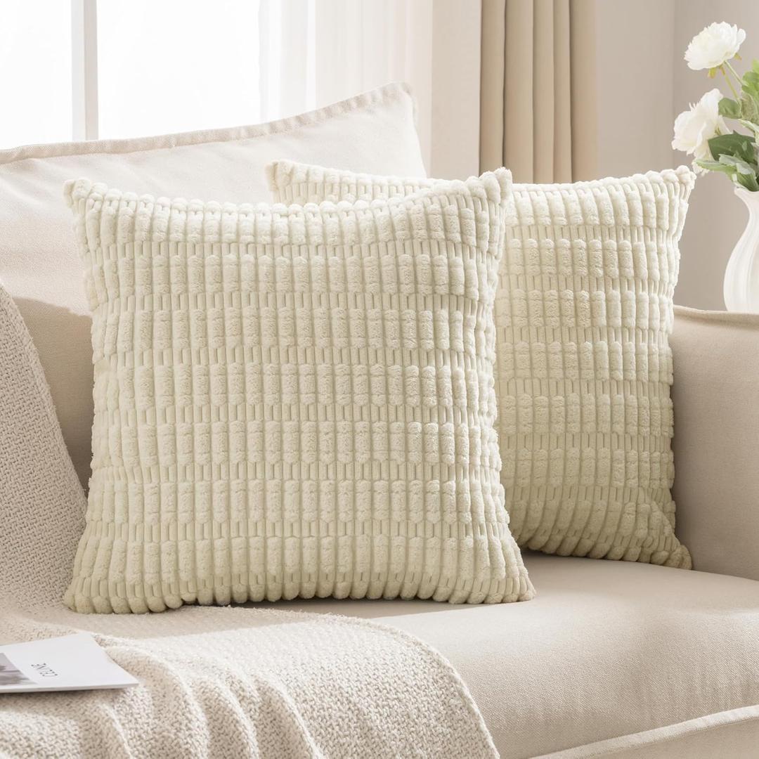 JELLYMONI 2 PCS Beige Decorative Throw Pillow Covers 18x18 Inch, Corduroy Striped Boho Pillows Cover for Living Room Bed Sofa Couch, Spring Farmhouse Boho Home Decor