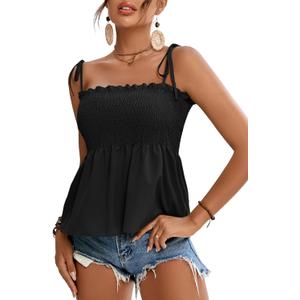 LYANER Women's Tie Shoulder Frill Shirred Ruffle Hem Sleeveless Strappy Cami Blouse Peplum Top (Medium, Black)