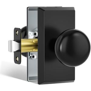 Black Door Knobs Interior, Modern Vintage Passage Rectangle Matte Black Round Door Knob Door Handles for Hall and Closet, 1 Pack, Stainless Steel Finish