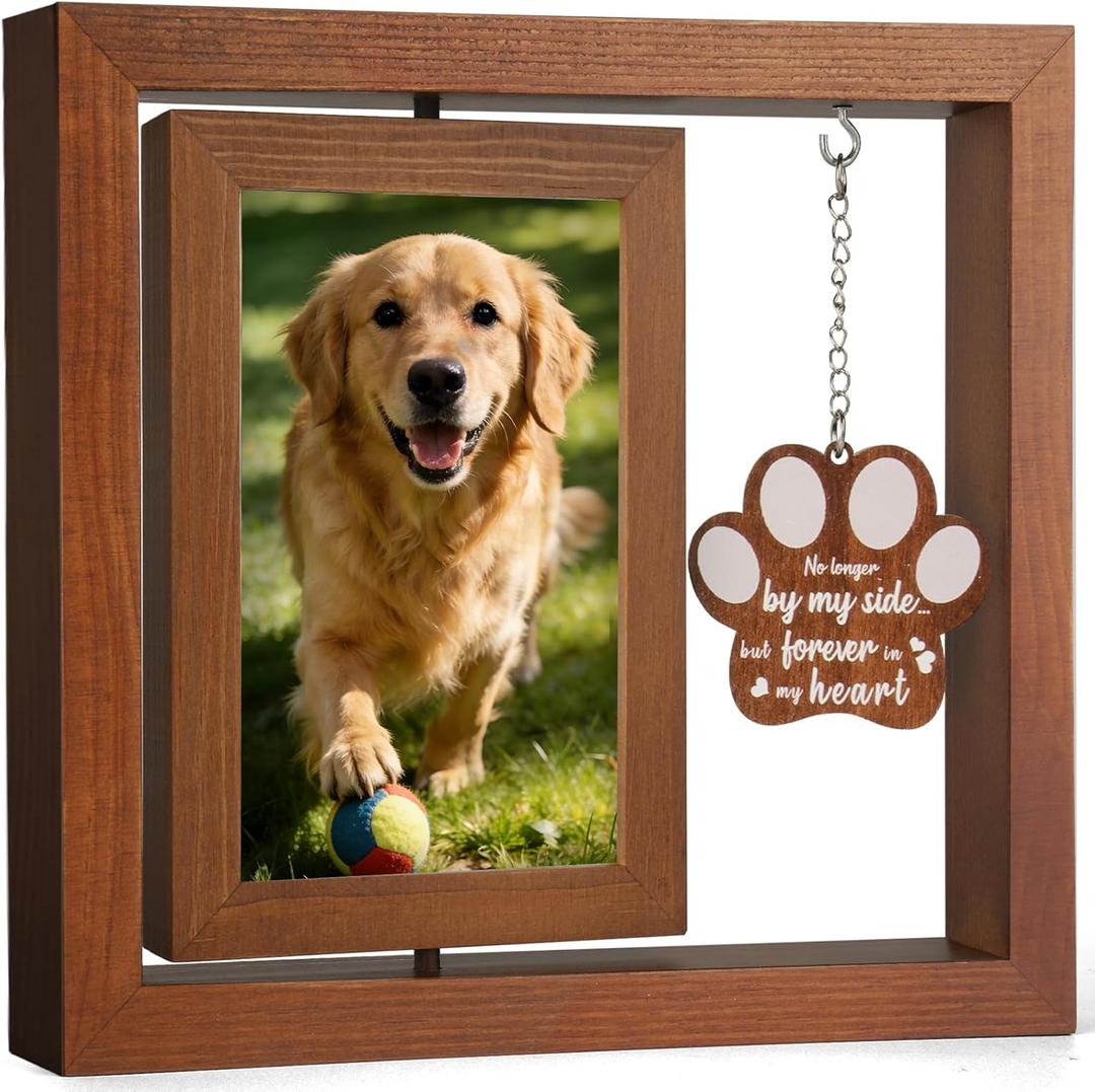 Dog Memorial Gifts for Loss of Dog, Rotating Wooden Picture Frame 4x6, Double Sided Display, Pet Memorial Gifts for Dogs with Paw Remembrance Tag, Pet Loss Sympathy Gift