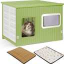 Cat House for Outdoor Indoor Use, Stackable Feral Cat Shelter Indoor Cat House Weatherproof Waterproof Elevated, with 2-Sided Cushion (Green White)