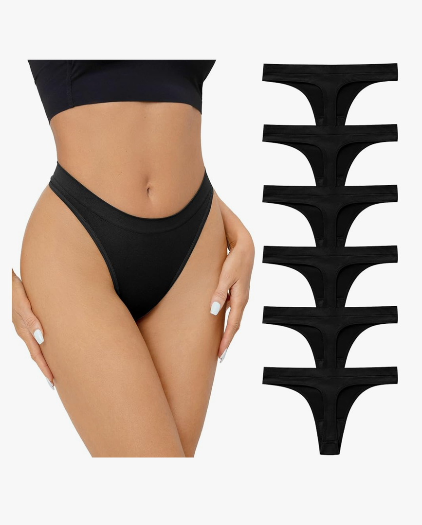 SHARICCA Seamless Thongs for Women Sexy Breathable No Show Thong Underwear Women 6 Pack, L, Black