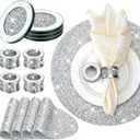 Dandat 12 Pcs Silver Napkin Rings Silver Rhinestone Placemat Glass Mirrored Coaster Set Includes 4 Circle Placemats 4 Glass Coasters 4 Napkin Holder for Dinning Table Wedding Banquets (Round)