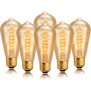 Edison Light Bulb 60W 6 Pack, ST64 Vintage E26 Incandescent Light Bulbs, 2200K Warm Dimmable Amber Spiral Filament, Antique Style Retro Glass Decorative Bulb for Table Lamp Home Office