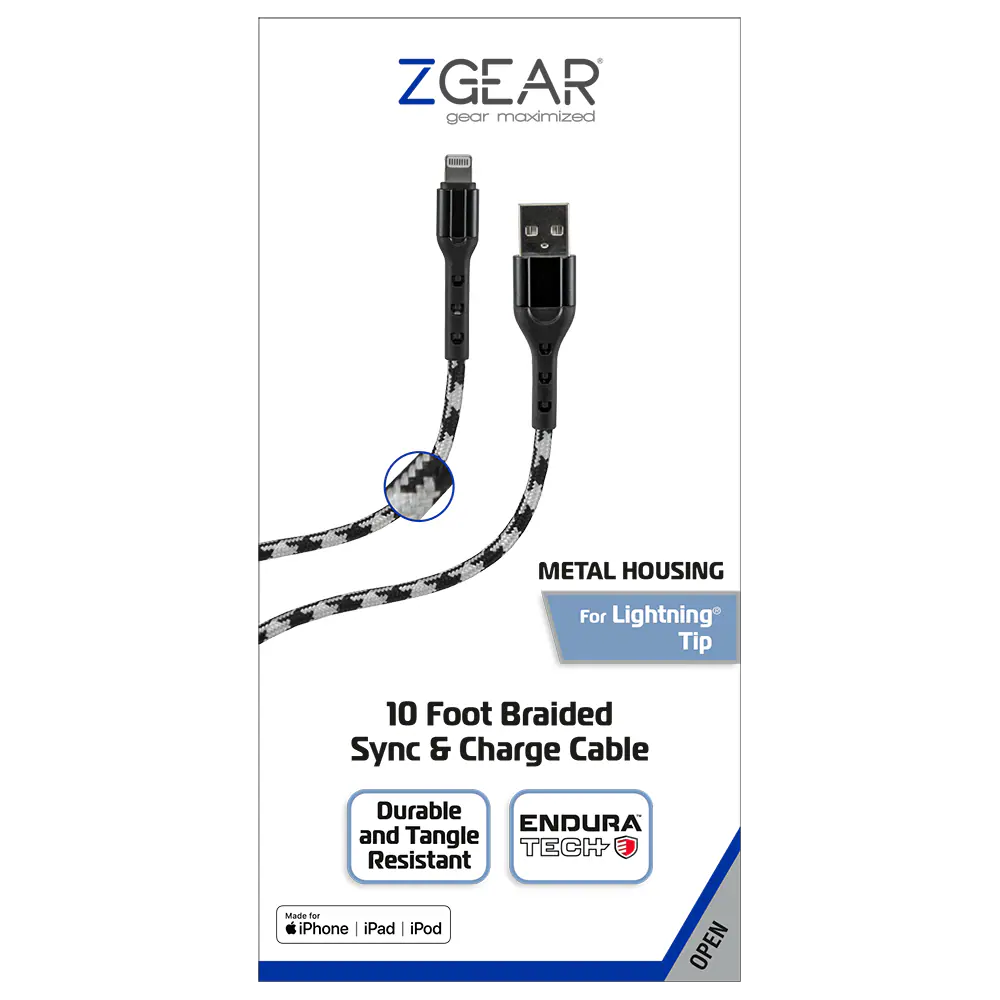 Zgear Metal Housing For Lightning Tip 10 Foot Braided Sync & Charge Cable