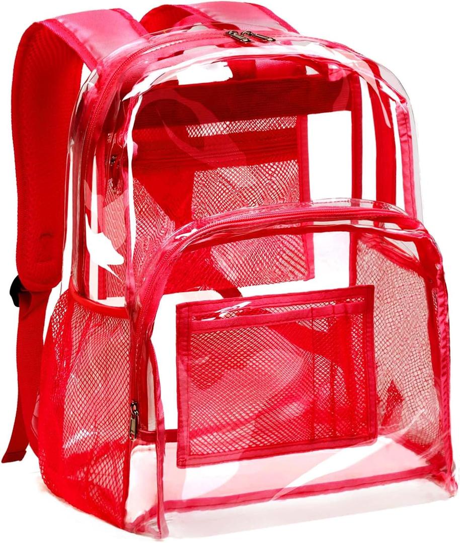 Vorspack Clear Backpack Heavy Duty PVC Transparent Backpack with Reinforced Strap Stitches & Large Capacity for College Workplace Security - Red