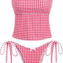seamoly Women's Tankini Sets Sexy Open Back Two Piece Swimsuit High Cut Side Tie Thong Bathing Suit Floral Gingham Bikini (Red, S)