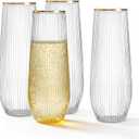 HOMIP 36pcs Plastic Champagne Flutes with Gold Rim - 9oz BPA-free Disposable Champagne Glasses, Ribbed Ripple Design for Weddings, Parties, Bars & Events (Stemless, Durable)