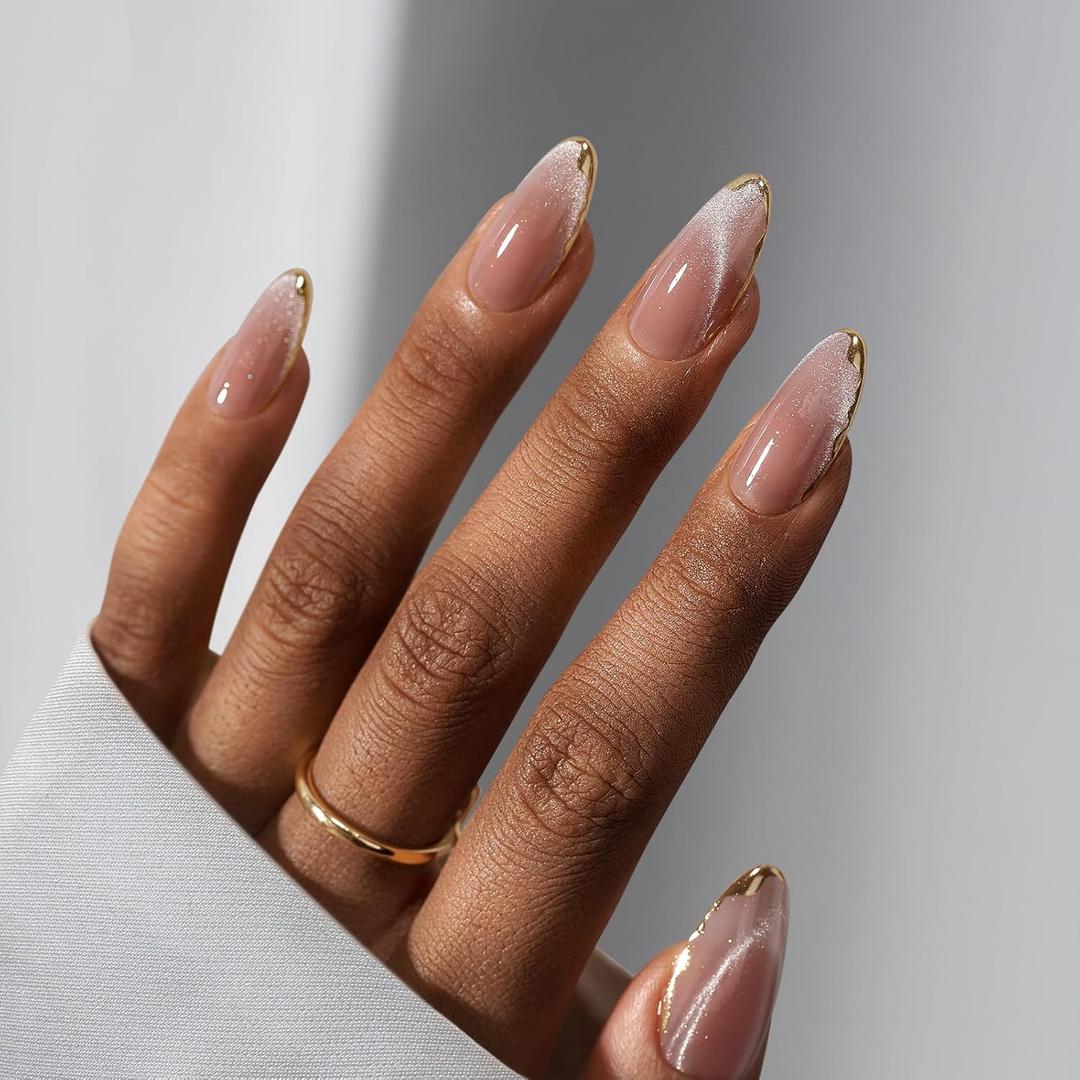 BTArtbox Press On Nails Almond  Knightshield, Cat Eye Press On Nails Medium Fake Nails with 3D Sculpting Metallic Design, Supremely Fit & Glossy Glue On Nails in 16 Sizes, 32 Stick On Nail Kit