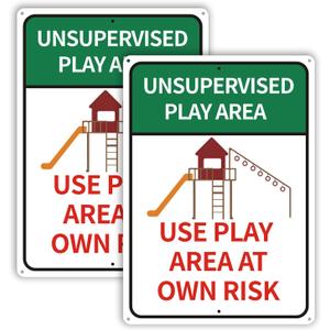 2 Pack Unsupervised Play Area at Own Risk Sign 10 x 14 inch Metal Reflective Rust Free Aluminum Sign, Weather Resistant, Waterproof, Durable Ink, Easy to Install