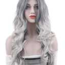Beautyself Silver Grey Costume Wigs for Women Halloween Curly Long Wavy Fashion Cosplay Ombre Black Mix Gray Hair Wigs with Wig Cap