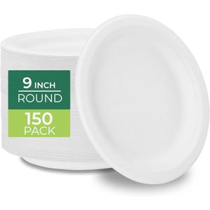 Freshware Paper Plates - Disposable 9" Plate, Biodegradable Sugarcane Dinner Plates - Heavy Duty Dinnerware for Hot Food - Microwave & Freezer Safe, Stackable Dinnerware - 150-Pack, 9 Inch
