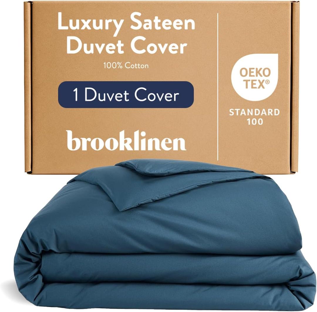 Brooklinen Luxury Sateen Duvet Cover - 100% Cotton, Full/Queen Size in Abyss Blue with Extra-Long Corner Ties and Button Closure - Best Full/Queen Duvet Covers