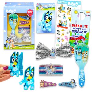 Bluey Hair Accessories Set - Bundle with Hair Ties, Claw Clip, Brush, Barrettes, Stickers, and More | Bluey Accessories for Girls, Kids