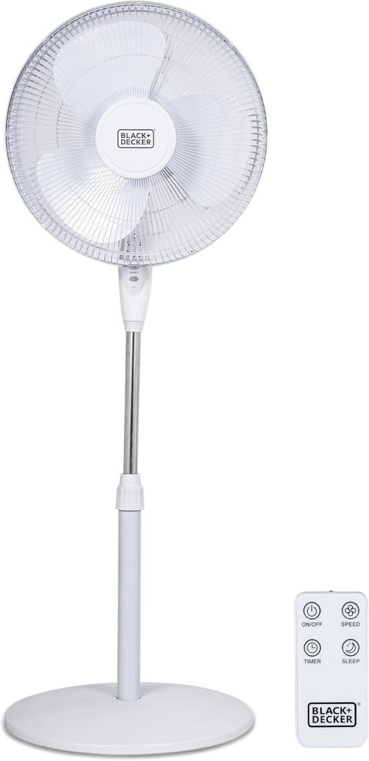 BLACK+DECKER 16" Stand Fan with Pedestal Base, Height Adjustable Pedestal Fan with Remote and Touch Control Panel, Free Standing Fan with 90-Degree Oscillating and 3-Speed Settings, White