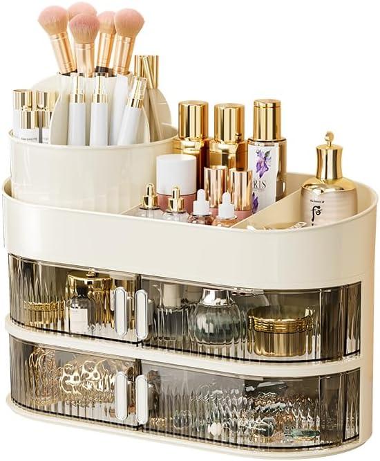 Rotating Makeup Organizer for Vanity, 3-Tier Large Capacity Countertop Storage with 4 Dust-Proof Drawers, Easily Hold Lipsticks, Jewelry, Brushes