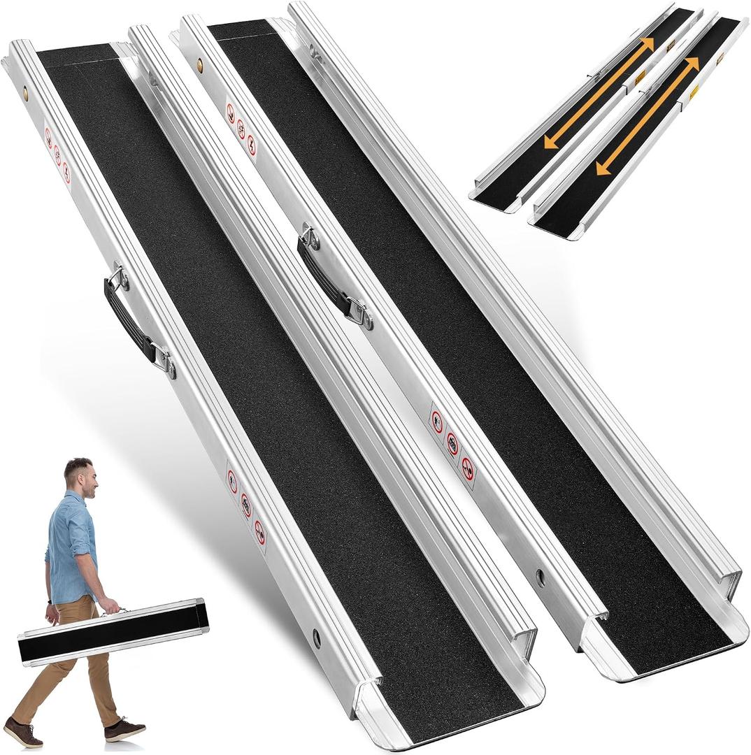 7FT Portable Wheelchair Ramp, Adjustable Aluminum ramps for wheelchairs for Home, 1200LB Capacity, 2X Thickened Sidewall, Wheelchair Ramp for Home, Stairs, Steps (2 Pack)