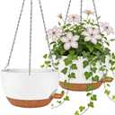 12" Self Watering Hanging Planters with Chains, White Brown, 2 Pack | 43 Oz removable self-watering reservoir, for indoor/outdoor plants, patio & garden
