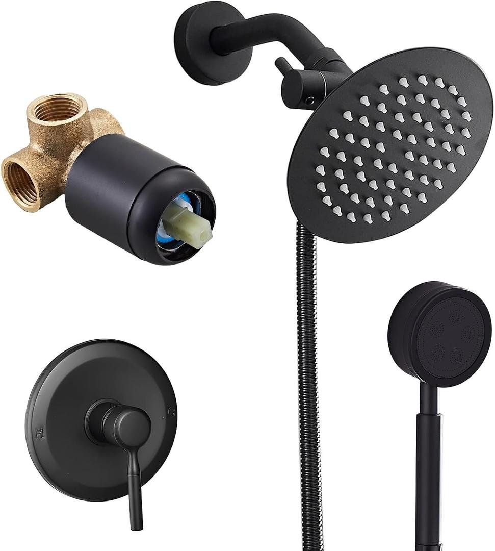 HUCKLE Shower Faucet Set, 8 Inch Round High Pressure Rain Shower Head and Handheld Sprayer, Filtered Bathroom Set Included Valve Trim Kit, Matte Black