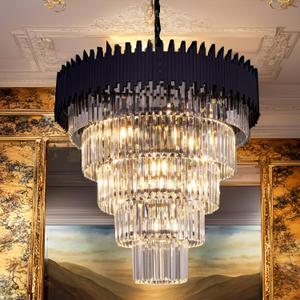 Wellmet Chandelier Black, Modern Chandeliers with Crystal Shade, High Ceiling Farmhouse Dining Room Pendant Light Fixture for Bedroom, Living Room, Entryway, 30-Inch