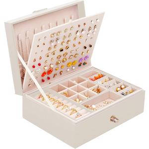 Girls Jewelry Box Earring Holder Organizer for Girls Jewelry Organizer Box Stud Earrings Organizer for Girls Womens Beige Jewelry Box for Earrings and Necklaces Rings Stud Earring Box for Teen (Medium)
