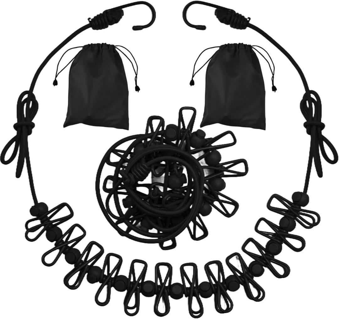 2 Pack Camping Clothesline Portable 12 Clothespins, Black Camping Accessories Travel Clothesline for Outdoor Indoor, Retractable Clothes Line Elastic Clothesline for Camper Hotel Room