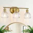 3-Light Bathroom Light Fixtures, Gold Vanity Lights for Bathroom with Ribbed Clear Tulip Glass Shade, Brass Vintage Wall Scone Lighting Over Mirror for Farmhouse,Bedroom,Living Room,Hallway