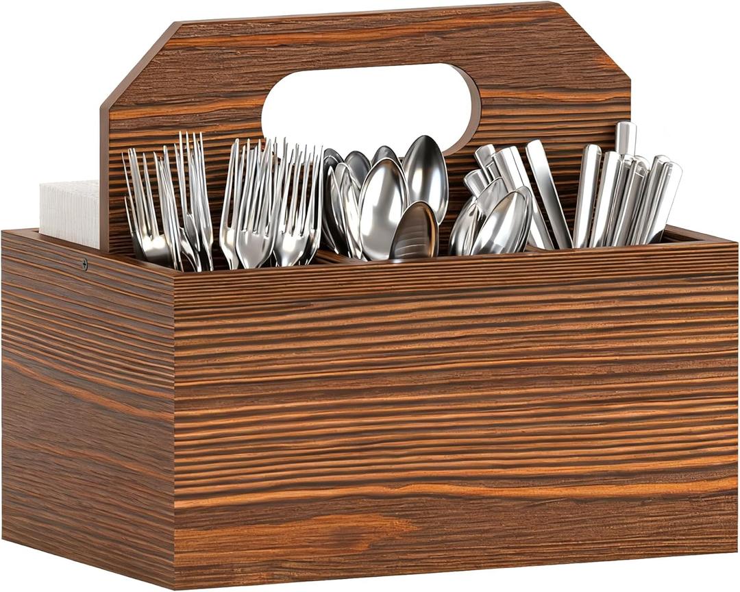 Megidok Silverware Caddy with Handle, Utensil Caddys Silverware Organizer Cutlery Caddy, Countertop Utensil Caddys Wooden Utensils Holder for Party Kitchen, Bedroom, Office, Bathroom