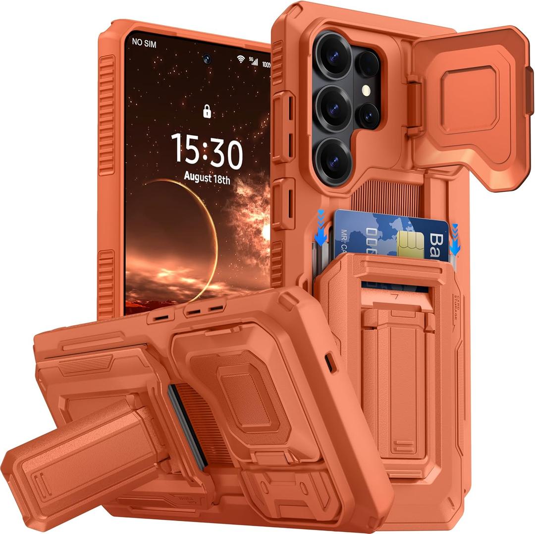 for Samsung Galaxy S26 Ultra Wallet Case with Card Holder & Kickstand & Full Camera Lens Cover, Military Grade Drop Shockproof Rugged Phone Case for S26 Ultra 6.9'', Orange