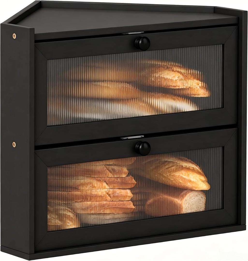 Corner Bread Box for Kitchen Countertop, Large 2 Layer Black Bamboo Breadbox for Homemade Bread, Bread Storage Container Bin Cabinet with Acrylic Window for Kitchen Counter Pantry Shelf