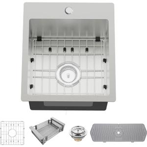 Kitchen And Bar Sink, 15x17 Inch Stainless Steel Drop In Kitchen Sink Modern Single Bowl Topmount Bar Sink Combo-SS Grid,Silicon Mat,Drain Strainer Set Compatibility With Various Kitchen & Bar Style