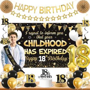 Roetyce 18th Birthday Decorations Boys Girls, Black Gold Happy 18th Birthday Banner Sash Balloons Centerpieces Cake Topper, Childhood Has Expired 18 Years Old Party Supplies Photo Backdrop Background