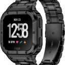 Stainless Steel Watch Band with Case Compatible for Fitbit Versa 4 3 2 1 Lite, Fitbit Sense 2/ Sense Bands, Rugged Protective Bumper Metal Wristbands for Men Black