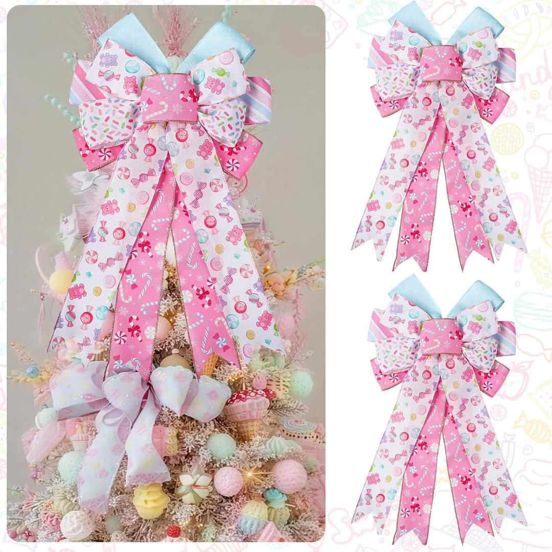 2 Pack Pink Christmas Tree Topper Bows, 12 x 20 Pastel Christmas Tree Decor Large Candy Craft Bows Ornaments with Pastel Wired Edge Xmas for Home Front Door Decor
