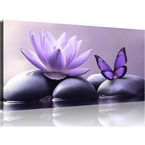 TutuBeer 1 Panel Purple Canvas Wall Art Purple Pictures Spa Stone with Water Lily Butterfly on the Water Pictures Poster Zen Wall Art for Living Room Bedroom Ready to Hang, 12x24 Inches
