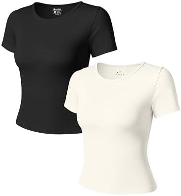 OQQ Women Short Sleeve 2 Piece T-Shirts Crew Neck Fitted Basic Tee 2025 Summer Crop Top Black Beige, M