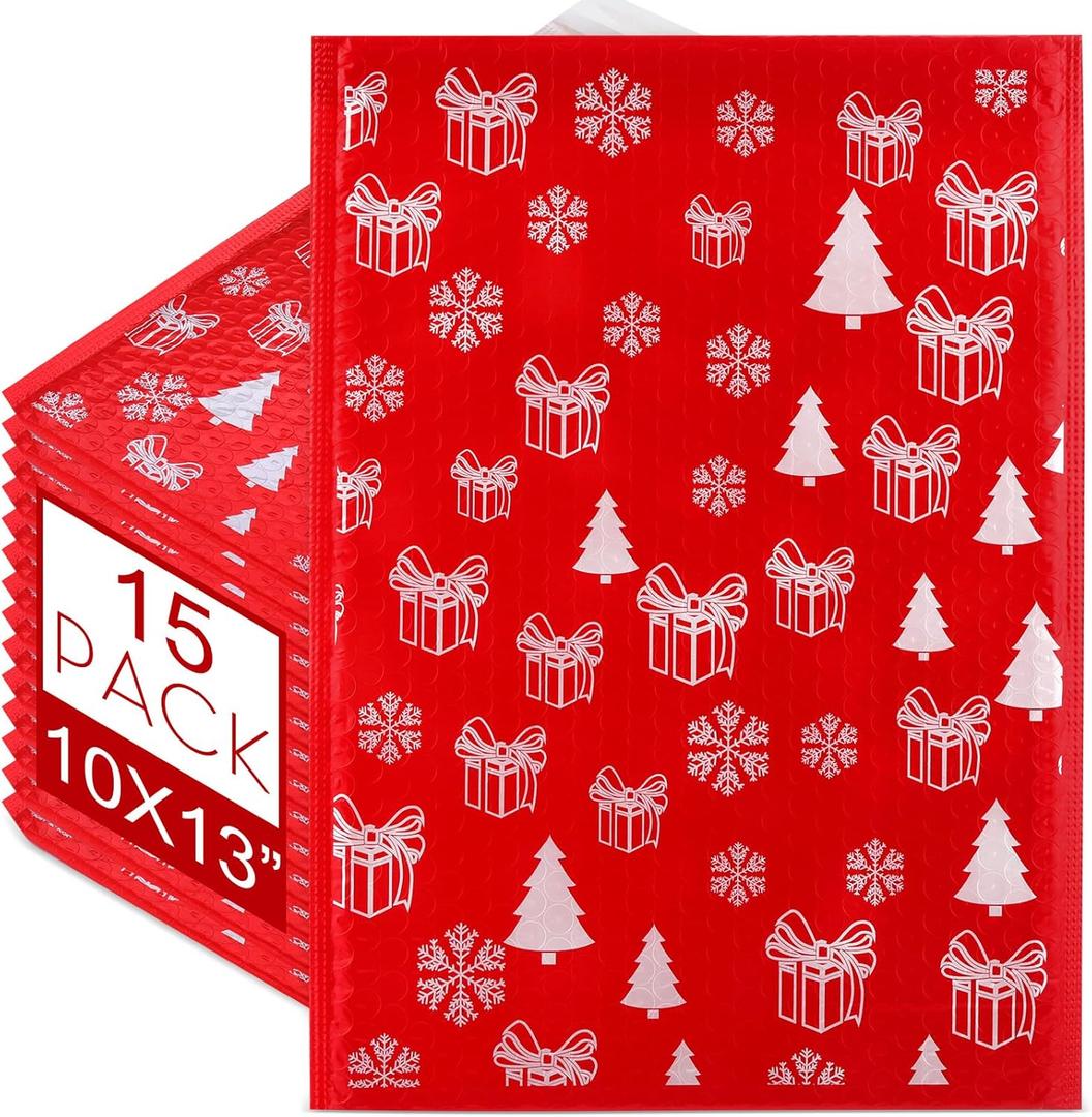 Watersay 15 Pcs Large Christmas Poly Bubble Mailers 10 x 13 Inch Christmas Padded Envelopes Self Adhesive Retailer Xmas Holiday Shipping Bags for Small Business Gift Packaging (Mixed Pattern)