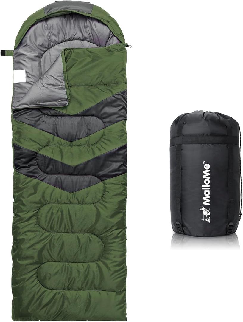 MalloMe Sleeping Bags for Adults Cold Weather & Warm - Backpacking Camping Sleeping Bag for Kids 10-12, Girls, Boys - Lightweight Compact Camping Essentials Gear Accessories Hiking Sleep Must Haves (60-90F Warm Weather - Green)