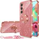 nancheng for Samsung Galaxy S24 Case, Phone Case for Galaxy S25 Girls Women Cute Glitter Luxury Soft Silicone Clear Cover with Ring Stand Strap Lanyard Shockproof Protection Case - Rose Gold