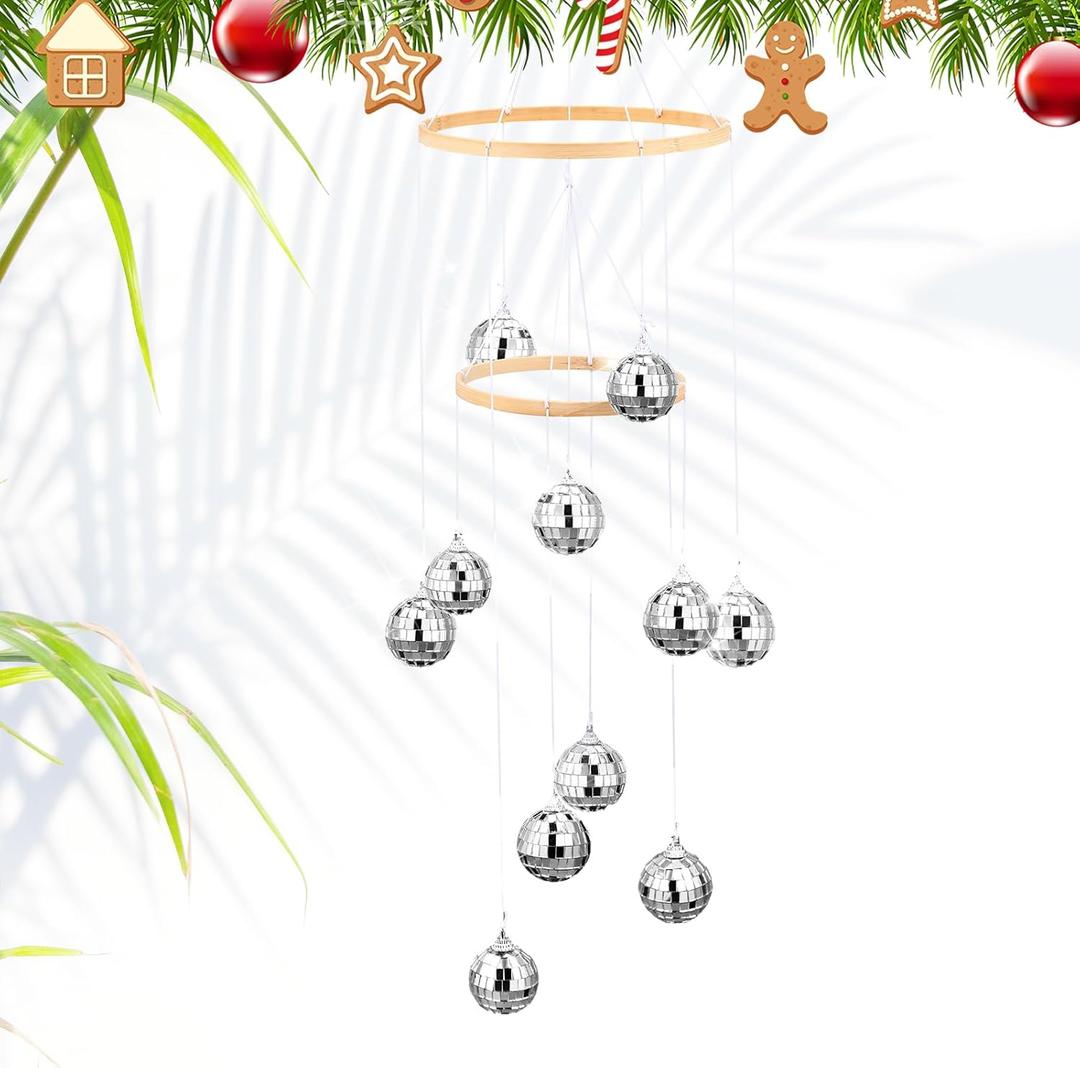 Dazzling Christmas Disco Ball Ornament Moving Spiral Spinning Ball 32 Inch High Natural Bamboo Circle for Indoor Outdoor Porch Yard Garden Patio Room Xmas Party Decoration