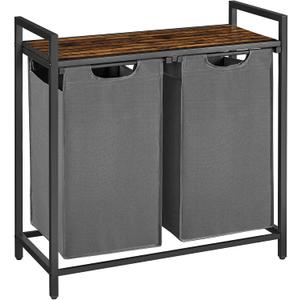 VASAGLE Laundry Hamper, Laundry Basket, Laundry Sorter with 2 Pull-Out and Removable Bags, Shelf, Metal Frame, 2 x 12.1 Gallons (46 L), 28.8 x 13 x 28.4 Inches, Slate Gray and Rustic Brown UBLH201G01, 2 Bags - 92 L