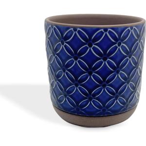 6" Embossed Daisy Flower Design Cobalt Blue & Brown Ceramic Planter Pot with Attached Saucer