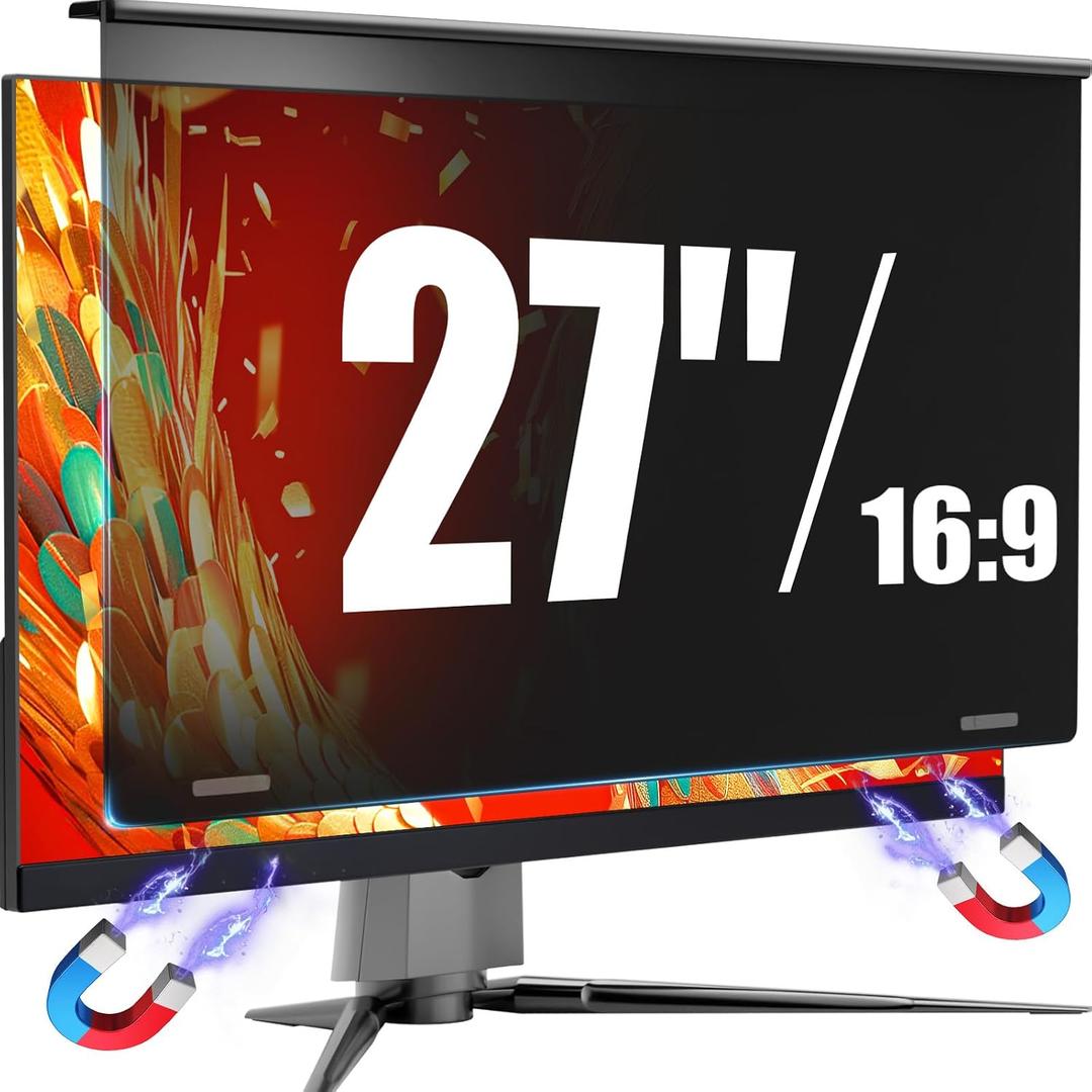 Magnetic Monitor Privacy Screen for 27 Inch Flat Computer 16:9 Aspect Ratio, 27in Removable Anti Glare Filter, Blue Light Blocking Privacy Shield Eye Comfort, Hanging Anti Spy Desktop PC Protector