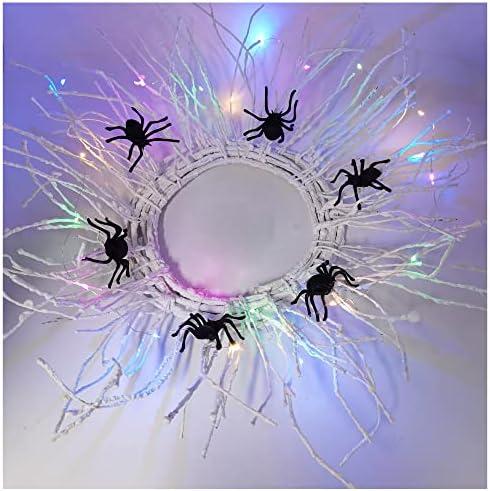 Halloween Decor LED Lights Wreath – 20 Multicolor Copper String Lights 27" Spider net Front Door Decoration Artificial Metal Frame DIY Gate Wreath Indoor Outdoor