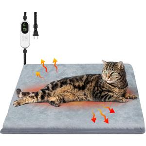 Pet Heating Pad, 9 Adjustable Temperature Cat Heating Pad with Timer, 17.7"x17.7" Waterproof Heated Warming Dog Blanket Bed Mat for Cats Dogs Kitten Puppy Small Animal Indoor with Chew Resistant Cord (Gray)