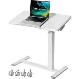 Gibbon Mounts Rolling Laptop Desk, 180 Tiltable Mobile Standing Desk Height Adjustable, Overbed Bedside Table, 32inch Portable Computer Desk with Lockable Wheels, Foldable Cart for Home Office, White, 15.7D x 31.5W x 27.2H inches