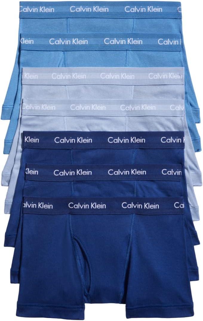 Calvin Klein Men's Cotton Classics 7-Pack Trunk (Medium, 3 Blue Depths, 2 Boardwalk Blue, 2 Water Reflection)