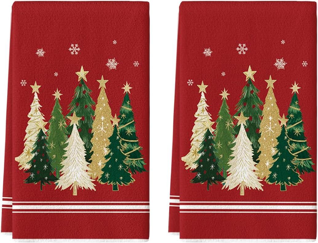 Artoid Mode Red Xmas Tree Star Christmas Kitchen Towels Dish Towels, 18x26 Inch Farmhouse Snowflakes Decoration Cleaning Set of 2
